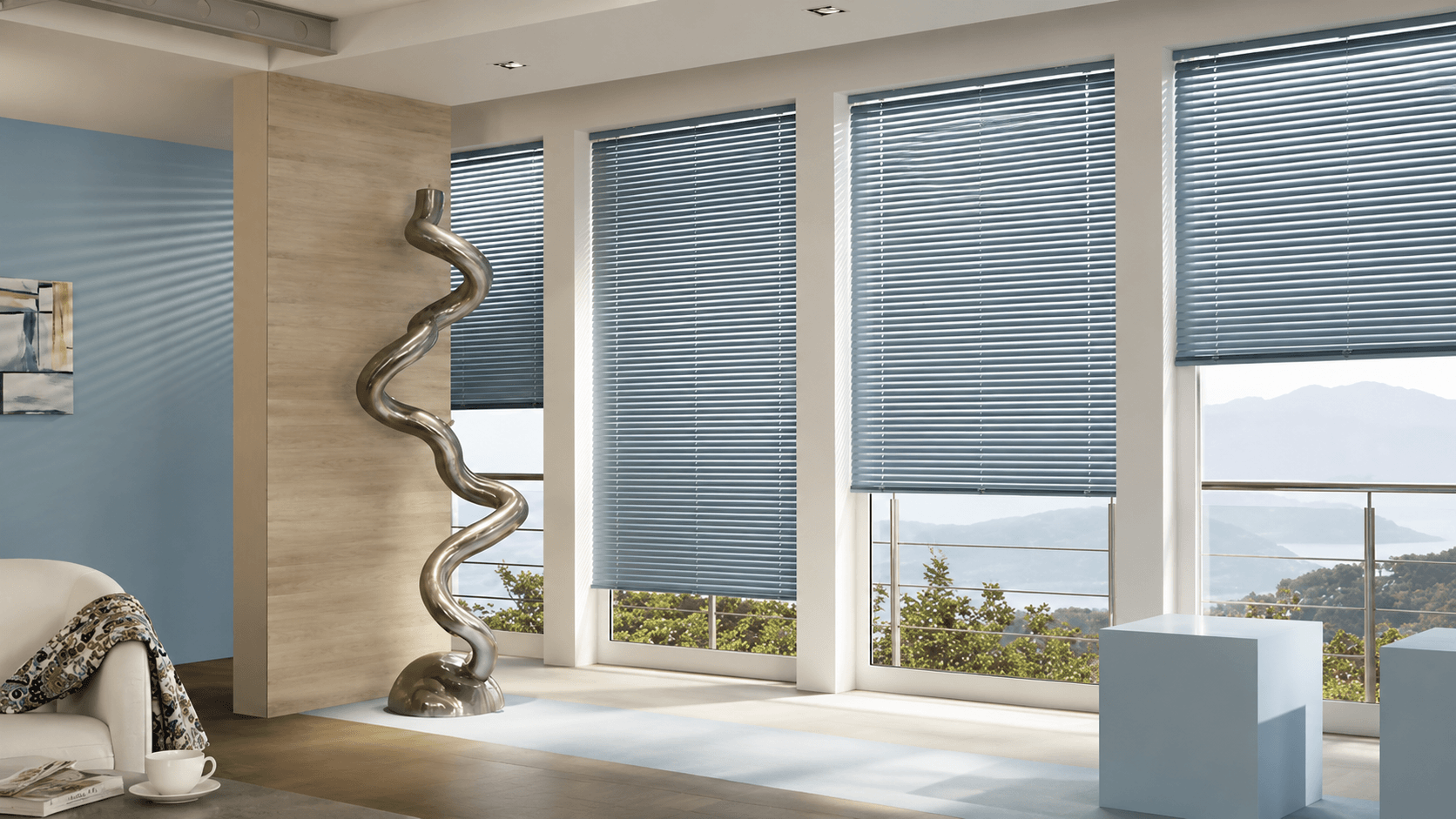 Modern jaluzi perde görseli — manzaralı salon