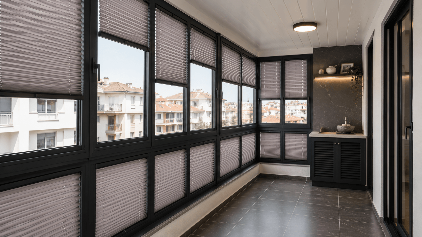 Plise perde görseli — balkon iç mekan
